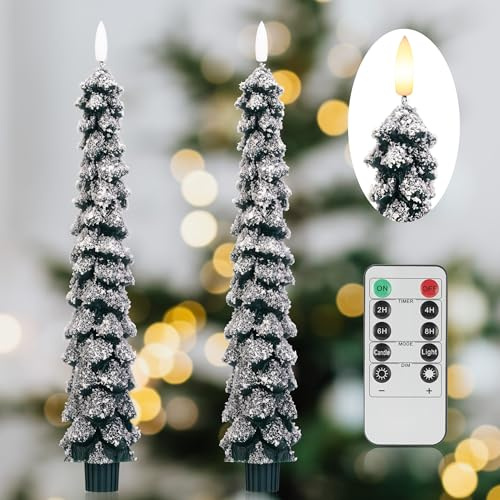 AFINETH Christmas Tree Candles with 3D Wick, 11.4 Green Real Wax Flameless Taper Candles with Remote, Flickering LED Xmas Candlesticks Battery Operated Candle for Home, Party Decor, 2 Pack