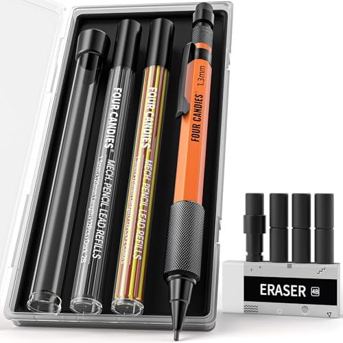 Four Candies 1.3mm Porte-mines avec étui, porte-mines d'extérieur en métal avec 24 recharges (rouge, noir, jaune), gomme, 6 recharges de gomme pour architecte, dessinateur, menuisier