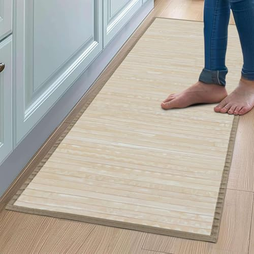 CosìCasa Bambus-Teppich für die Küche, rutschfest, wasserabweisend, leicht zu reinigen und aus nachhaltigen Materialien – Bambus-Teppich im Vintage-Effekt mit Kanten (Creme, 50 x 230 cm)