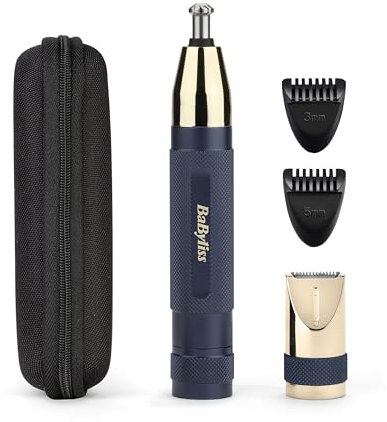 BaByliss Super-X Metal Series Nose Trimmer, Ear Eyebrow Hair Trimmer for Men, Grooming Kit, Gifts for Men (Gold/Blue)
