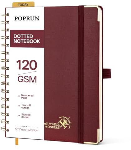 POPRUN Carnet de Notes, Cahier Spirale Pointillé A5, Papier 120 g/m², 141 Pages, Couverture Rigide, Poche, Onglets, 8 Feuilles Perforées, pour Bullet Journaling, Bureau, École - Bourgogne