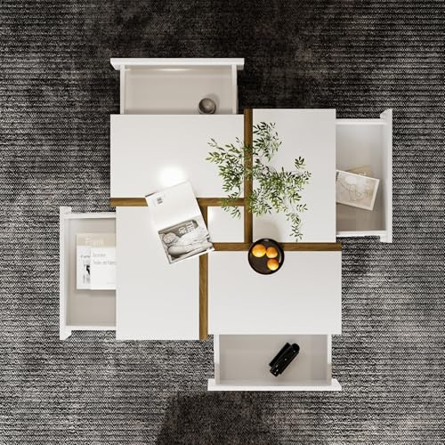 BTM Table Basse Carrée avec 4 Tiroir, Table Basse Salon Moderne avec Espace de Rangement en Bas, Unique et Un Design de Ligne, 78x78x35 cm, Bois & Blanc