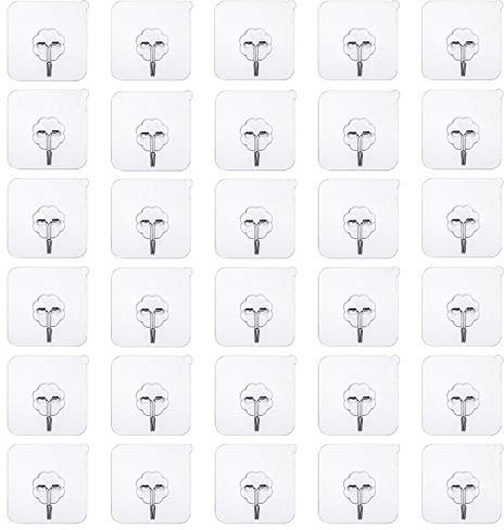 INPION 30/50 Pack Adhesive Hooks Heavy Duty Wall Hooks Strong Adhesive Hook 22lbs/10kg Seamless Transparent Hook (50)