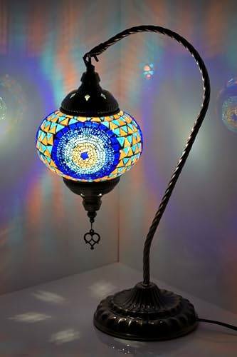 GOGERS Swan Neck Turkish Moroccan Lamp Handmade Stained Mosaic Glass Vintage Lamp Shade Bohemian Tiffany Style Bedside Night Lamp Lighting for Bedroom Living Room (Blue Colorful)