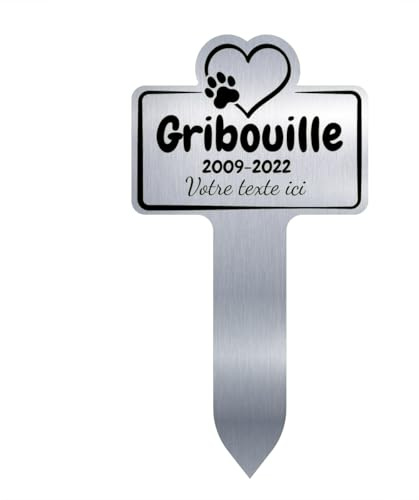 GRAVURE CONCEPT Grabstein Gedenkstein für Tiere – personalisierbar PVC (Hund/Katze usw.) – (Modell 1/grau/Alu/glänzend, schwarzer Text)