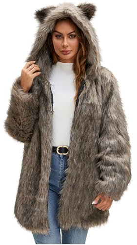 Komiseup Fleecejacke Damen, Winterjacke Damen Lange Winter Pelzmantel Elegant Kunstpelz Jacke Offener Front Wintermantel Dick Plüschjacke mit Kapuze Warme Kunstfell Oberbekleidung Faux Pelz Coat 57
