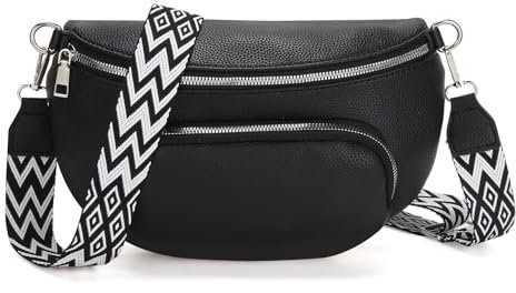 Valleycomfy Damen Bauchtasche Crossbody Bag Umhängetasche mit Reißverschluss, Gürteltasche mit Verstellbar Abnehmbar Breitem Gurt (Schwarz)