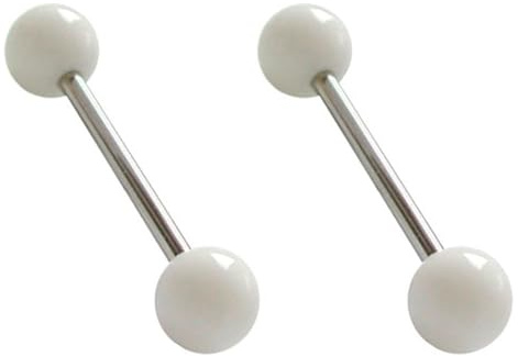 DENI 2 Piercings lengua barbell con 2 bolas color blanco, barra material antialergico, largo 16mm y grosor 1,6mm.