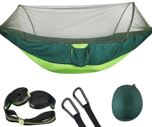 QIUYMGFG Hängematte Outdoor Camping Hängematten Pop-up-Camping-Hängematte mit 12-Ring-Moskitonetz, tragbarer 114 x 55 Zoll großer doppelter Nylon-Hängemattenstuhl(Light Green and gree)