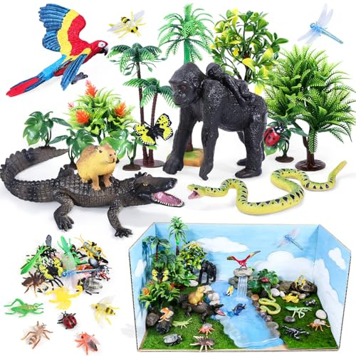 SIENON 39Pcs Rainforest Animal Figures Toys, Wild Creatures Model with Gorilla Parrot Crocodile Capybara Anaconda Snake Insects Trees Playset for Kids Diorama Project Birthday Cake Toppers Party Décor