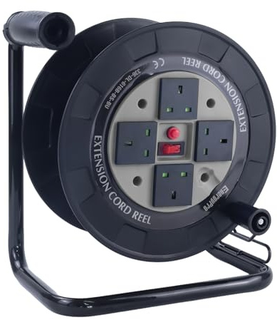 EnergyPro DL616B-BS Empty Cable Reel – 4X 10A UK Sockets, Thermal & Overload Protection, Foldable Handle, 2300W – BS EN 61242 Certified