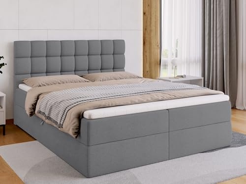 BROMARKT Boxspringbett mit Matratze 160x200cm Bett mit Topper Grau | Polsterbett mit Bettkasten Doppelbett mit Stauraum für Schlafzimmer gepolsterte Kopfteil Bed Bonell Boxbett H3 DAKOTA