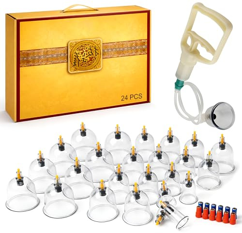 24-Piece Cupping Therapy Set with Suction Cups for Body and Back Pain Relief - Neck Massager Cellulite Massager Cup with Vacuum Pump and Acupressure Magnet - Cupping Set for Body