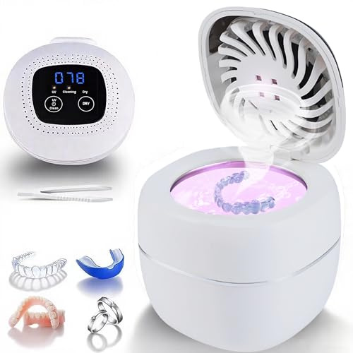 Dispositivo di pulizia a ultrasuoni, 45 kHz UV per la pulizia dentale con ventola di asciugatura integrata e timer digitale, detergente per protesi, allineatori, bocca, guardie notturne e gioielli