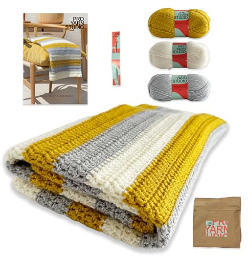 Three Stripe Beginners Crochet Kit with 3 x 100g DK Yarn, 4.5mm Crochet Hook, Easy Crochet Pattern, Learn to Crochet Kit