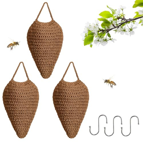 Fyfjur Coton Crocheté Faux Nid De Guepe, 3 Pièces Durabilité Faux Nid De Frelon Pour Terrasse, Gouttières, Jardin Balcon, Empêcher Les Guêpes De Faire Leur Nid (20x36cm, Marron)