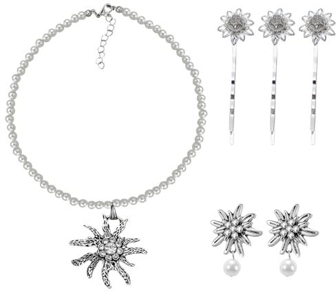 LETTERASHQP 6 Stück Trachtenschmuck Damen Lederhose Damen Tracht mit Strass Edelweiss Dirndl Trachtenschmuck Set Edelweiß Anhänger Oktoberfest Accessoires Oktoberfest Damens Outfit