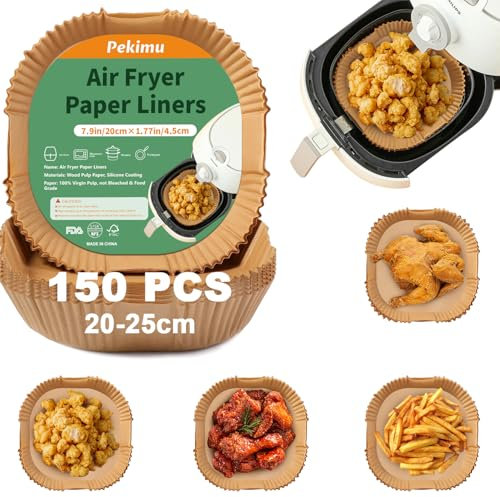 Pekimu 150 Stück Backpapier für Heißluftfritteuse XXL 5-7,5 L, 150 Stück 20x20 cm Antihaft Airfryer Papier, Kompatibel mit COSORI, Philips, Tefal, Ninja & mehr - Einweg Pergamentpapier für Air Fryer