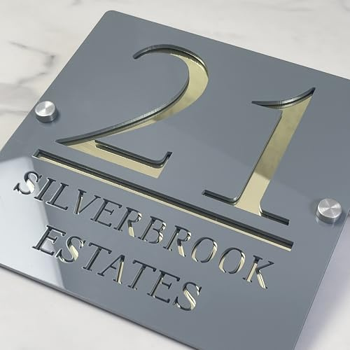 Personalised Modern Acrylic House Plaque | Custom Mirror Number Door Plate | Outdoor Waterproof Address Panel | Name, Number, Room Door Plate | Grey & Gold