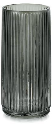 Hewory Blumenvase Glas 20cm Große Vase Grau Glasvase für Tischdeko | Ø 9cm, Gerippte Vase Schwarz, Modern Rauchglas Vase Glas für Esstisch Home Deko Wohnzimmer Zuhause Geschenk