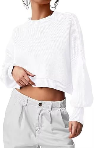 LACOZY Pulls pour Femmes à Manches Longues Col Rond Décontracté Pull Court Léger Tendance Tricot Côtelé Automne Haut, blanc, L