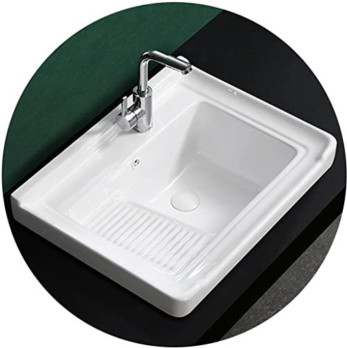 Lavandino in ceramica bianca per balcone, vasca singola, vasca da bagno, vasca semi-incassata, vasca quadrata per lavanderia con lavabo, facile da pulire