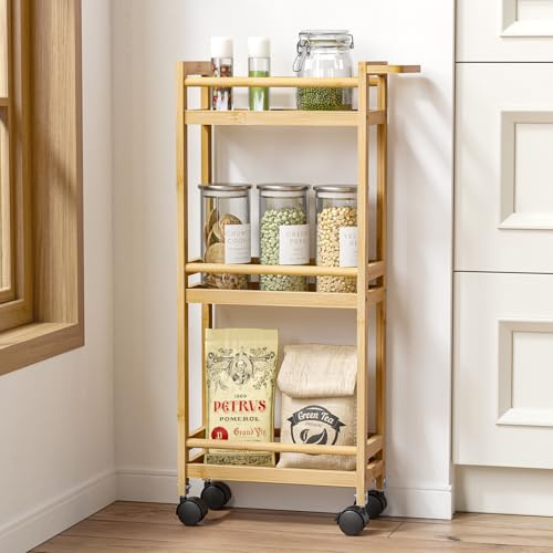 Skokliz Küchenwagen schmal auf Rollen Aufbewahrungswagen mit Rollen Servierwagen Rackwagen Bambus mit 3 Ablage, Küchenregal Organizerwagen, mobiler Allzweckwagen Beistellwagen