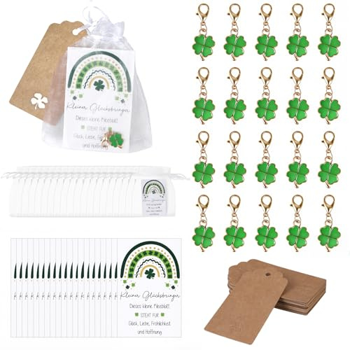 20 Pièces Pendentifs à Quatre Feuilles en Métal, Lot Porte Clé avec Carte de Voeux, Sacs en Organza et Pendre une Etiquette Suspendue, Porte - Clés à Quatre Feuilles pour Collègues, Amis, Cadeaux