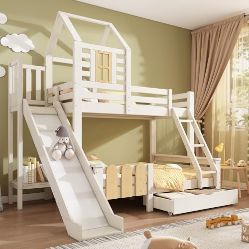 ModernLuxe Bunk Beds for Kids, Wooden Loft Bed Frame with Ladder and Slide, Multi-Functional Treehouse Design with Drawer Storage, Twin Sleeper, White, Single 90x190cm + Double 135x190cm