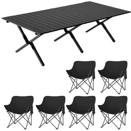 Folding Picnic Table & Chairs SetCollapsible Outdoor Dining Table with 6 Benches Ideal for Beach BBQ Garden Fishing ConcertsEasy to Install (Black 150CM)