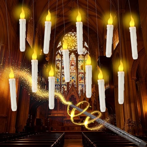 HAUSPROFI Floating Candles with Wand, 12 Pcs Flickering Warm Light Flameless LED Magic Hanging Candles, Floating Led with Wand Remote, Halloween Party & Christmas Decoration