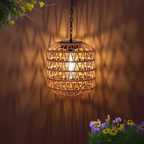 pearlstar Luci solari da giardino all'aperto, lanterne solari da appendere per esterni impermeabili, lanterne da giardino solari in rattan con catena in metallo e gancio, ornamenti per patio balcone