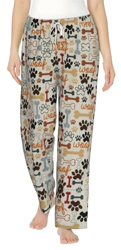 ZXERTG Hundben tassavtryck mode dam flanell pyjamasbyxor, perfekt för avkoppling i sängen, på soffan, Svart, XXL