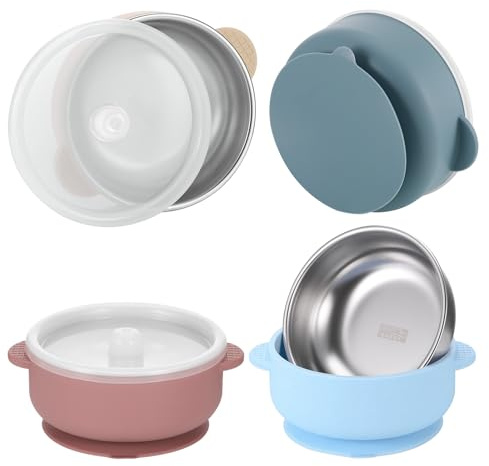 TranRantic Set med 4 barns stålskålar med sugkopp, antislida, med lock, BPA-fria, för gröt och snacks (4 färger)