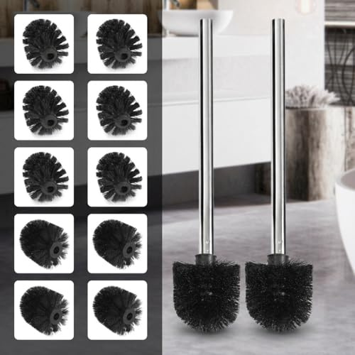 EAAGHK Set di Scopini per WC con 10 Testine Nere e 2 Manici in Acciaio Inox, Scopino Bagno WC Acciaio Inox, Scopino per WC con Testine di Ricambio, Diametro Testina Spazzola 8 cm, Antimacchia