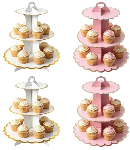 Aonuily Cupcake Cake Stand, 4 Pack 3-Tier Cardboard Cake Stand Afternoon Tea Stands Round Tower Dessert Display Holder for Birthday, Wedding,Party, Baby Shower