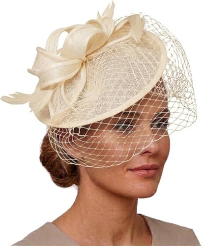 Caprilite Sinamay Kopfband mit Untertasse, Fascinator, Hochzeit, Ascot-Hut, Hutmacher, Vogelkäfigschleier, cremefarben, Einheitsgröße