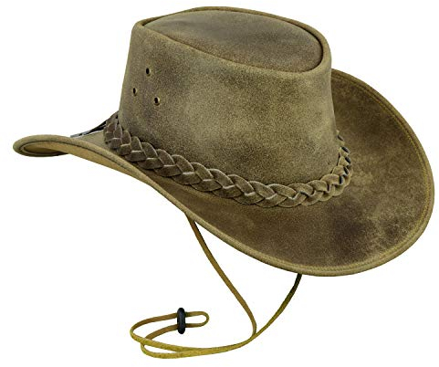 Leatherick Unisex-Cowboyhüte aus echtem Mad-Horse-Leder im West-Aussie-Stil mit Kinnriemen (L, Verrücktes Beigebraun)