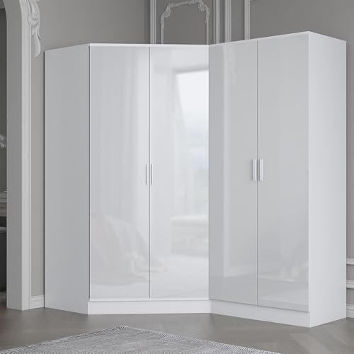 Reflect 2 Piece Wardrobe Bundle | 2 Door Corner + 2 Door Plain | White Gloss & Matt White Finish | H: 180cm x W: 179cm x D: 103cm | Modern Bedroom Furniture Storage Solution