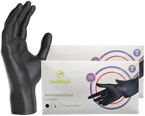 DeinPack 200 Einweghandschuhe schwarz (2x100), Einmalhandschuhe L, Nitril Handschuhe, Nitrilhandschuhe puderfrei, Gummi-Handschuhe Einweg, Schutzhandschuhe, Handschuhe Nitril in S, M, L, XL