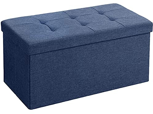 BRIAN & DANY Baúl Puff Taburete Plegable de Almacenamiento otomano, Taburete de Lino, reposapiés Plegable para Asiento - Azul Marino, 76 x 38 x 38 cm
