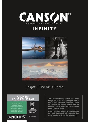 CANSON Infinity ARCHES Aquarelle Rag - Tirage papier Fine Art ARCHES - Boîte de 25 feuilles A4 - Grain texturé - Blanc pur - 310 g/m131