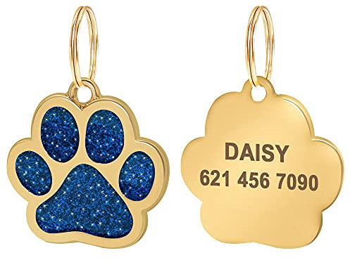 Personalisierte Glitzerpfote Hundemarke Gold Personalisiertes Namensschild für kleine mittelgroße Hunde und Katzen-Blau-Breite 2,5 cm