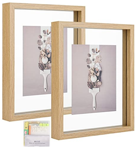 MUYE 8x10 Floating Frame Set of 2,Double Glass Rustic Photo Frame for Wall Hanging or Tabletop Standing,Display Any Size Photo up to 8x10,Natural