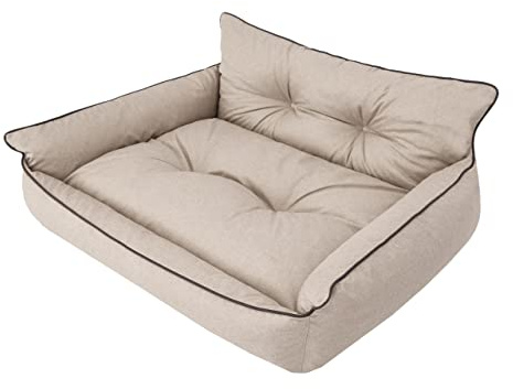 PillowPrim Hundbädd husdjurssäng liggande hundkudde quiltad säng hundsäng hundmadrass soffa djursäng hundsoffa madrass, XL – 82 x 63 cm, beige eko-linne