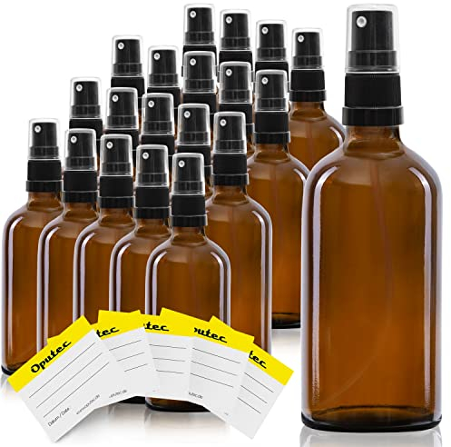 Oputec - 20 flaconi spray in vetro da 100 ml con nebulizzatore e 20 etichette per l'etichettatura, bottiglie di vetro ambrato con pompetta spray fine