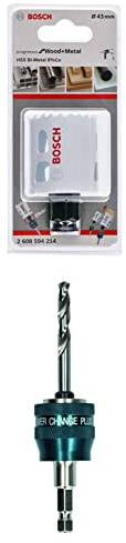 Bosch Professional Lochsäge Progressor for Wood & Metal (Holz und Metall, Ø 43 mm) + 1x Power Change Plus Adapter (Aufnahme 3/8“ Sechskant, inkl. HSS-G Bohrer 7.15 x 85 mm)