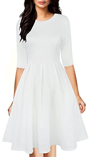oxiuly Women's Elegant Vintage Dresses Party Graduation Casual Midi Dress with Pockets OX253 (White Solid, S)