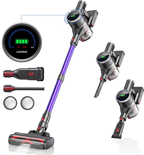 Laresar Akku Staubsauger 33Kpa mit Anzeige 400W, 360°Drehbare Einstellung der Saugleistung, Anti-Tangle-Kabelloser, Automatische Stauberkennung, 55 Minuten【Elite 5】