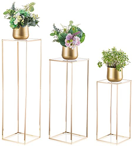 Centrotavola Nozze Stand Fiori Oro - 3 Pezzi Vasi a Colonna in Metallo con Pannello Acrilico Inweder Vaso da Pavimento Alto Vasi Portafiori Geometrici Centrotavola Feste Decorazioni Casa 100+80+60cm